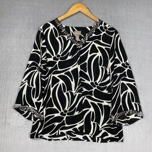 Chicos Top Womens Size 2 Large Sheer Flora 3/4 Sleeve Embellished Cuff Neckline